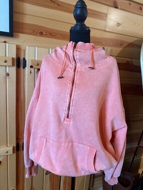 Women's Vintage-Wash light coral Half-Zip Hoodie with Kangaroo Pocket